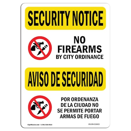 Signmission OSHA Security Sign, 10" Height, 14" Width, Rigid Plastic, No Firearms By City Bilingual, Landscape OS-SN-P-1014-L-11603